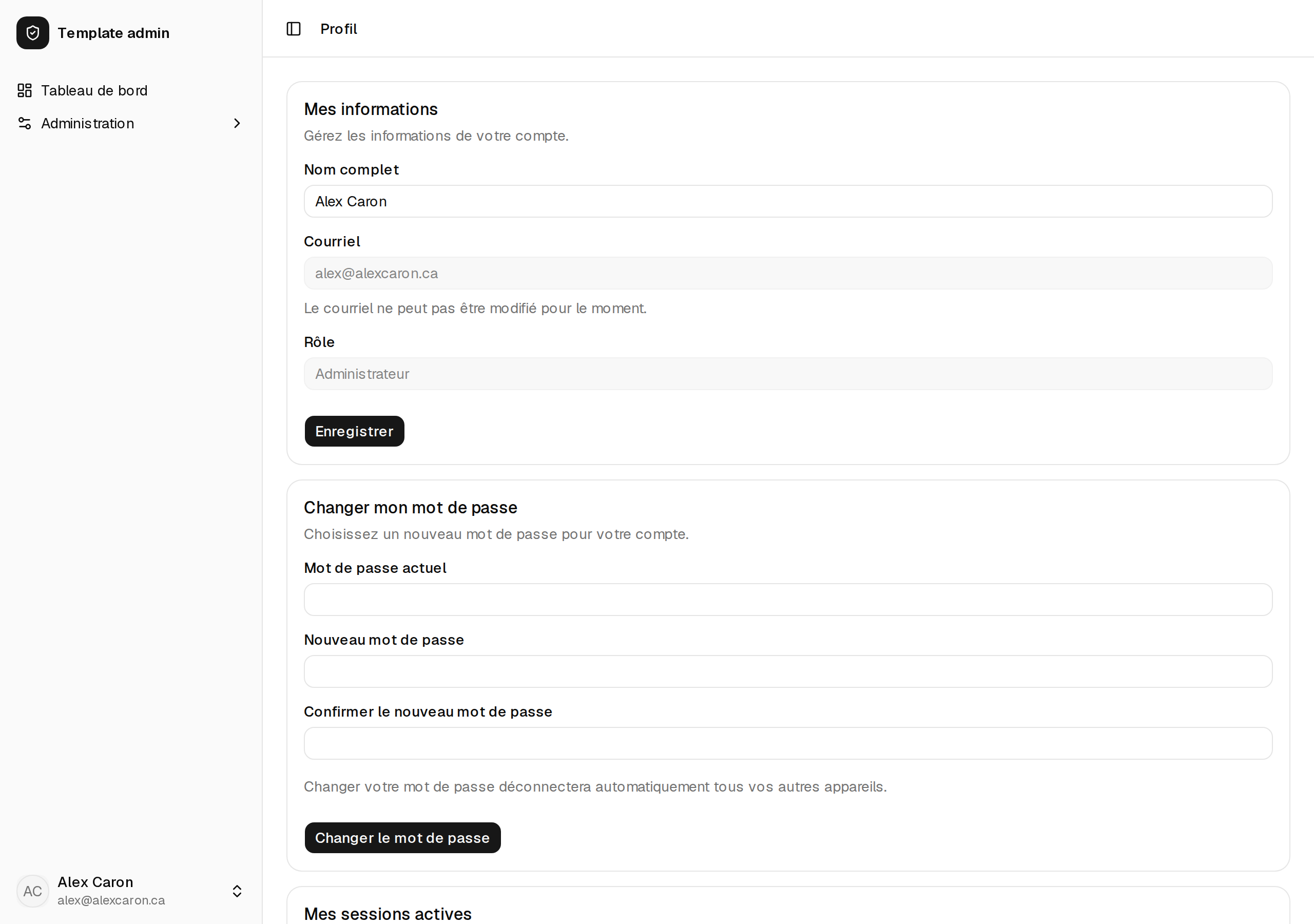 Page de profil d’un utilisateur dans l’administration