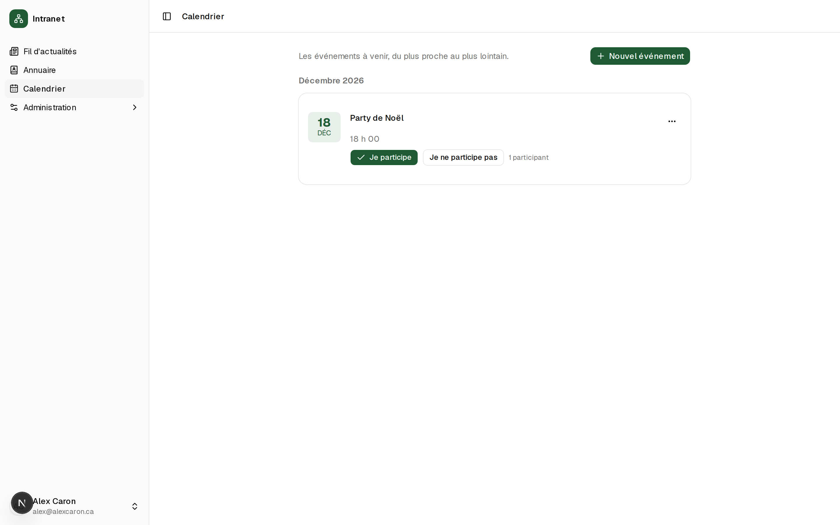Calendrier des événements de l'entreprise avec confirmation de participation
